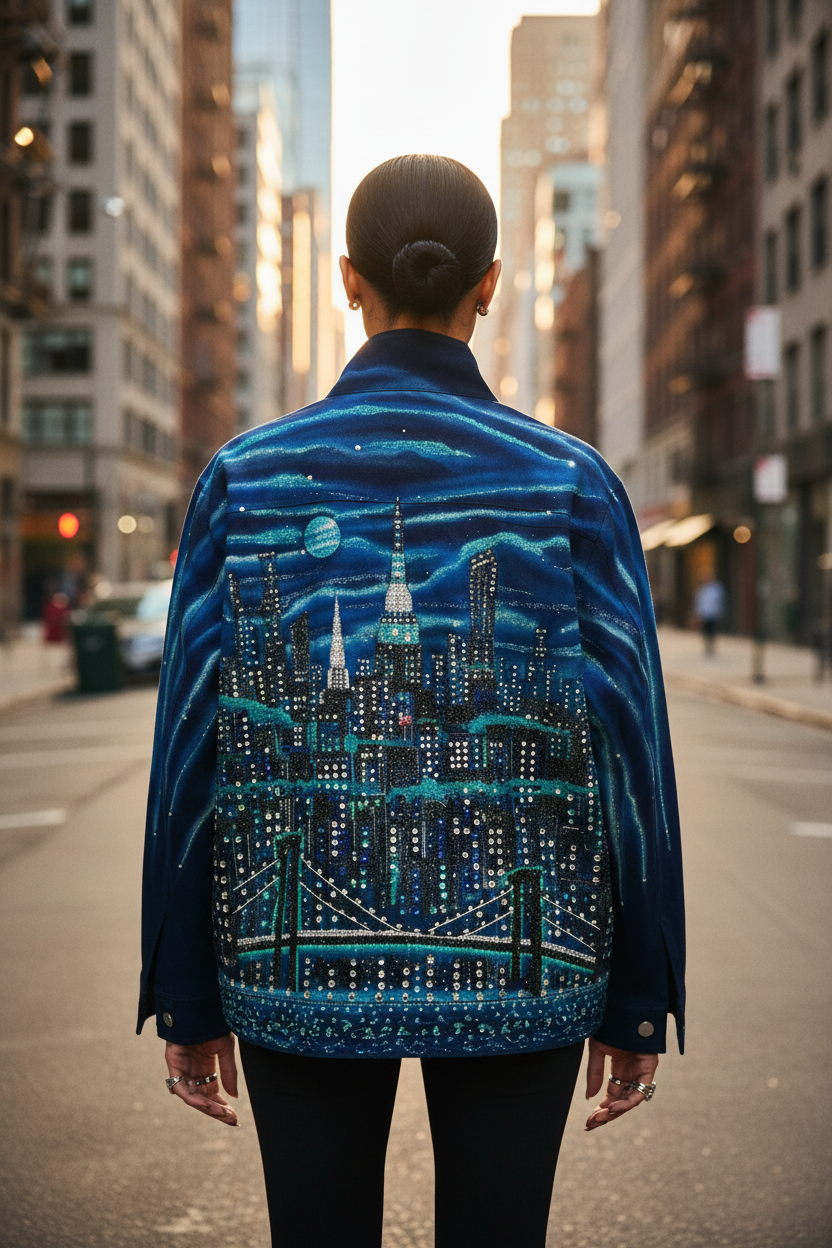 Person wearing a blue jacket with a Loria NYC Art cityscape design on a city street.