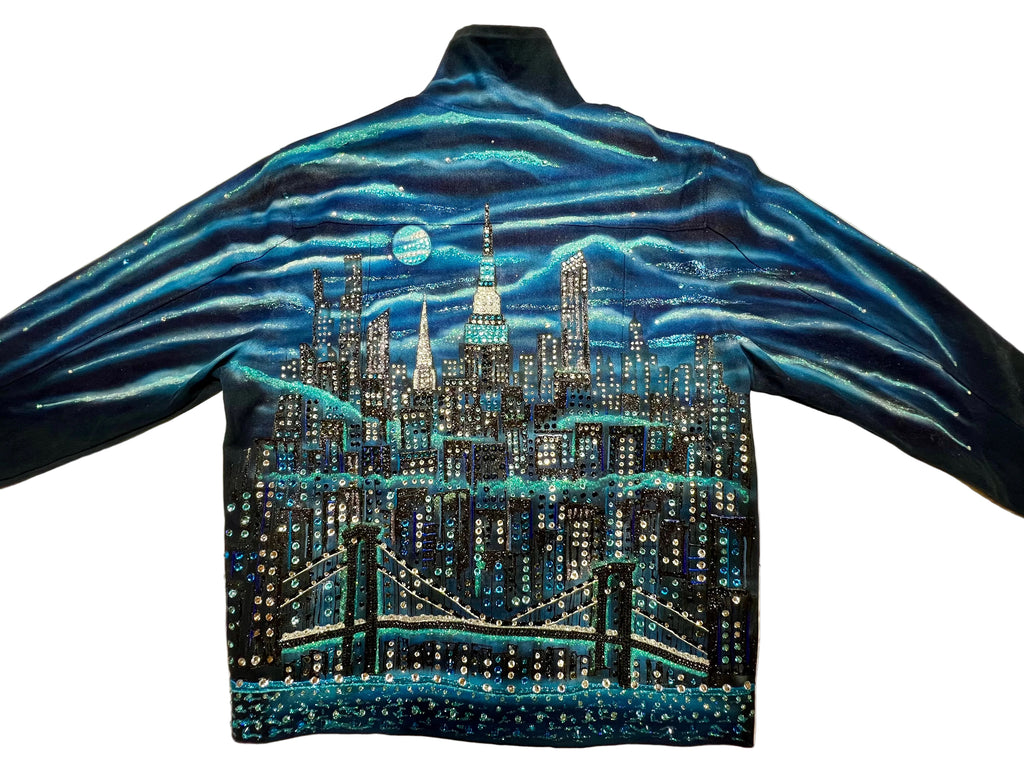 Jacket with a cityscape Loria NYC Art design on a white surface