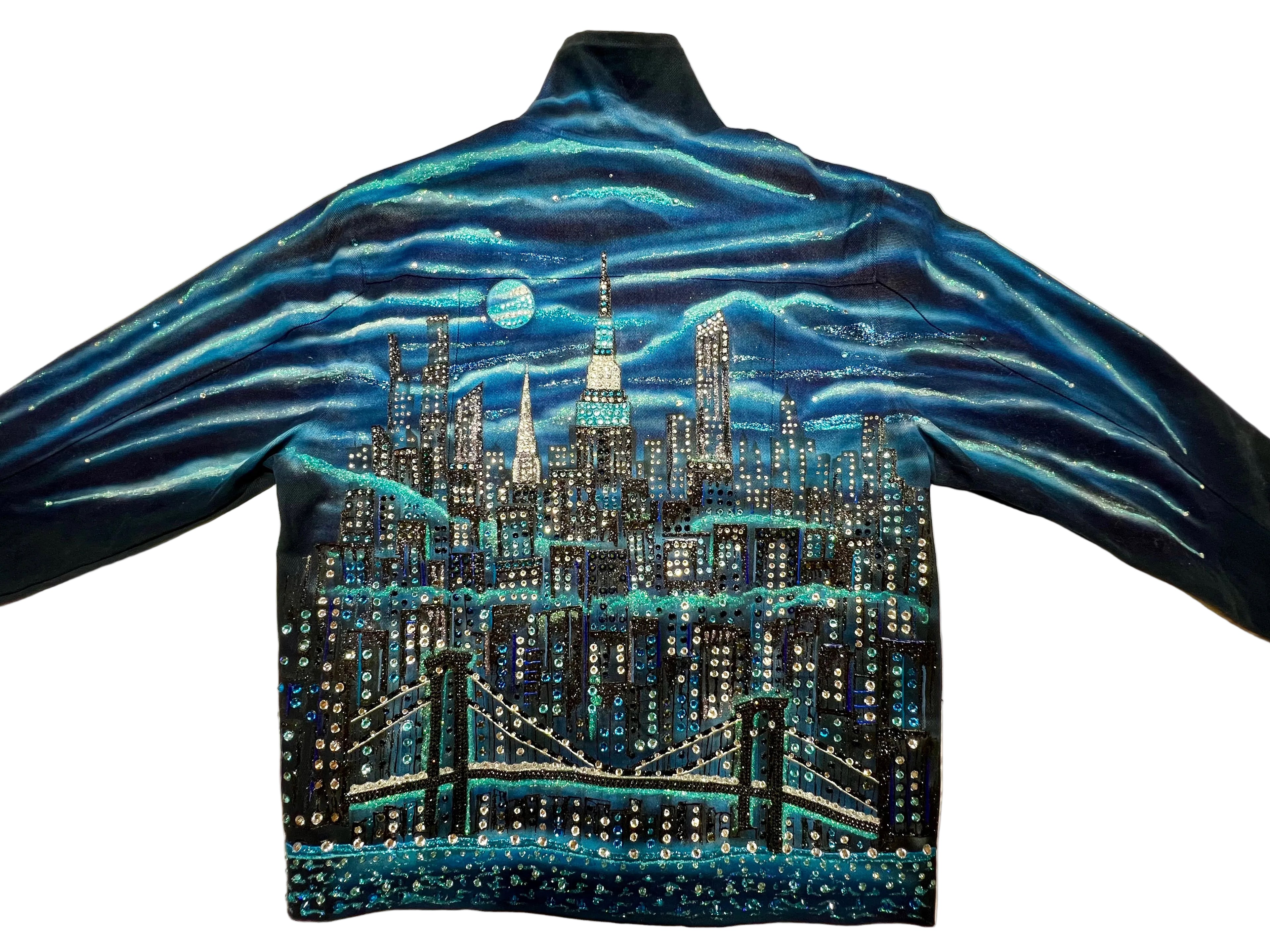Jacket with a cityscape Loria NYC Art design on a white surface