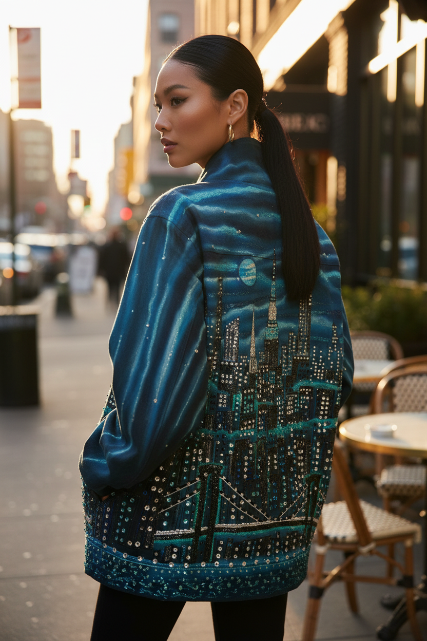 Woman wearing a blue Loria NYC Art embellished jacket on a city street.