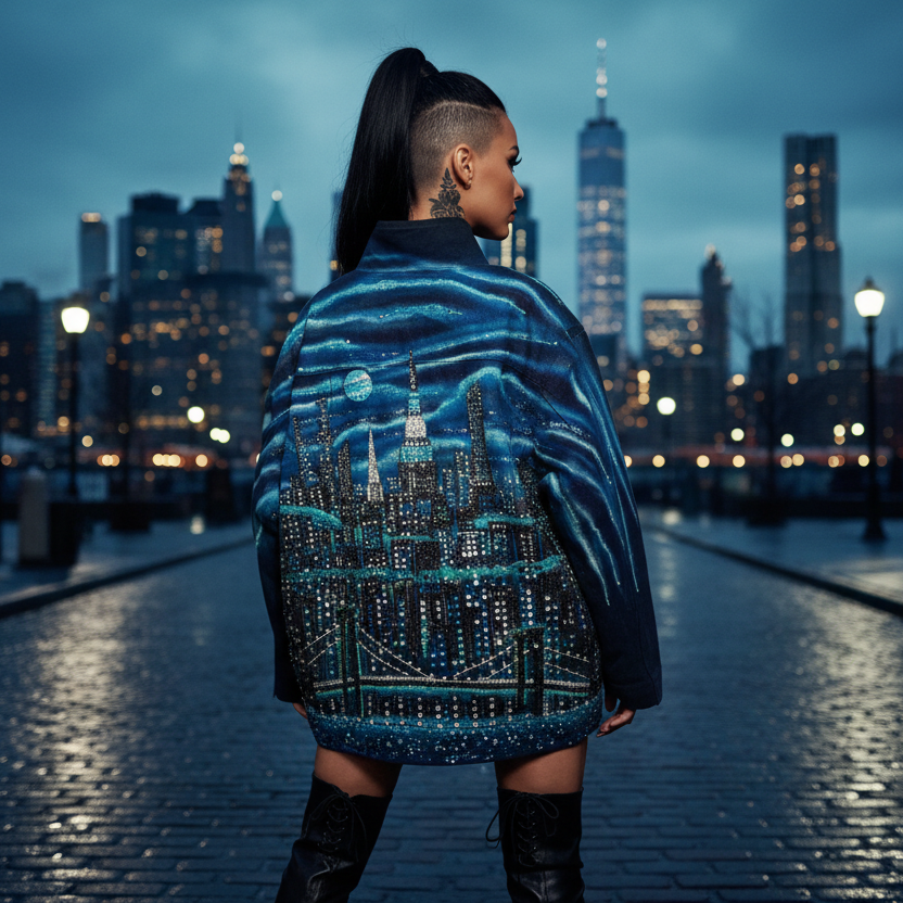Person wearing a blue jacket with cityscape Loria NYC Art design against a city skyline at night.