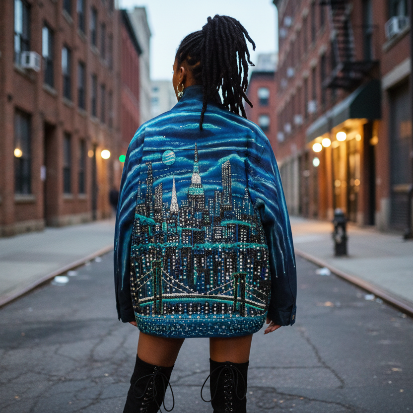 Person wearing a blue Loria NYC Art jacket with a cityscape design on a city street.