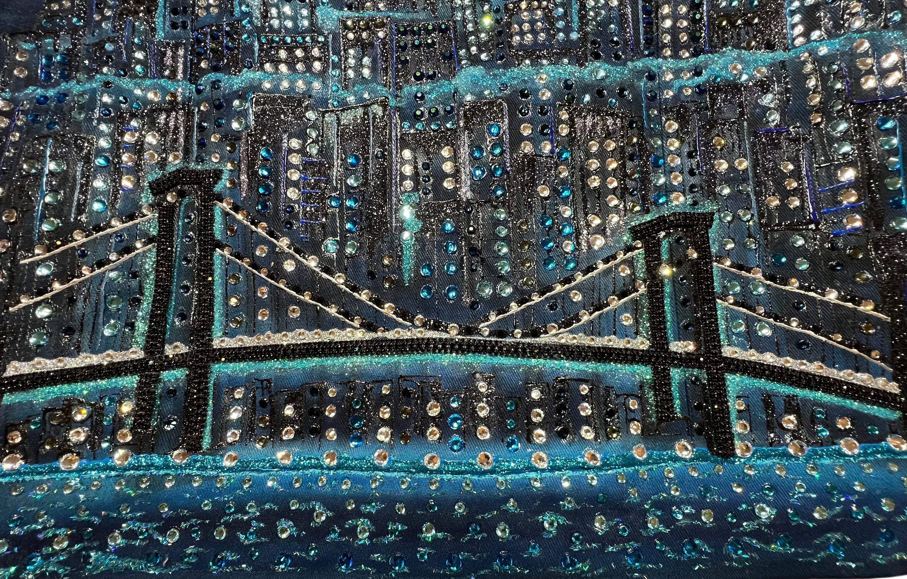 Decorative jacket with a cityscape Loria NYC Art design featuring lights on a dark background