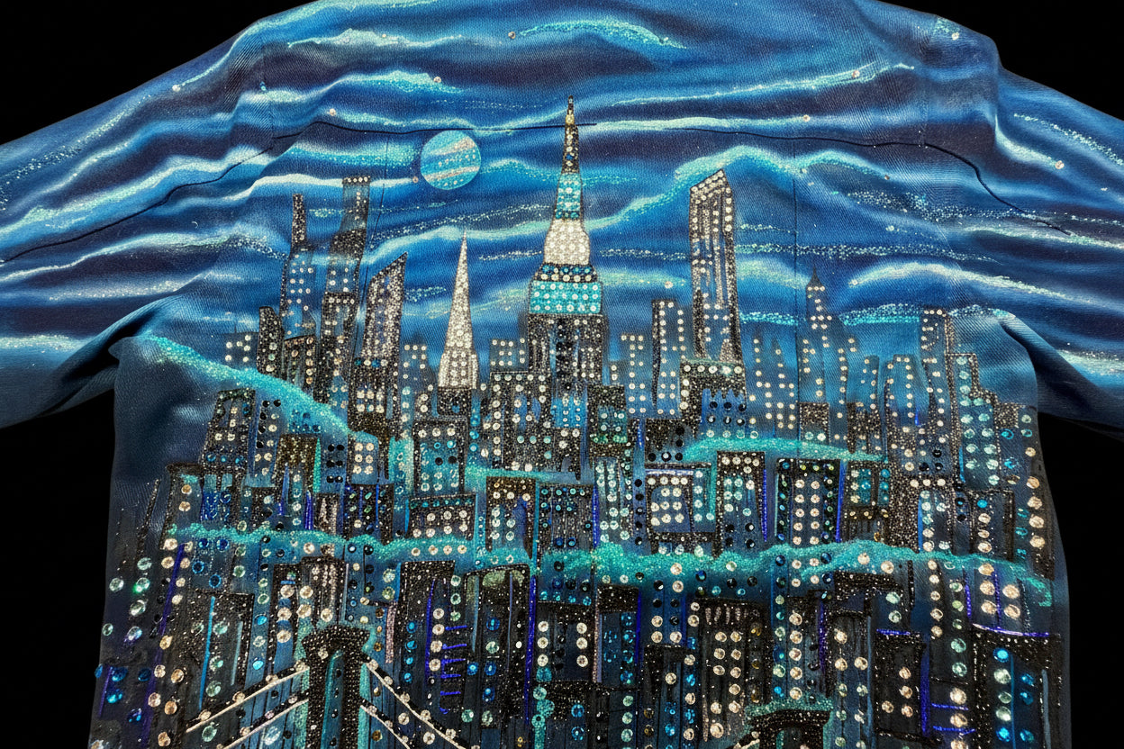 Cityscape Loria NYC Art design on a blue fabric with sequins and beads