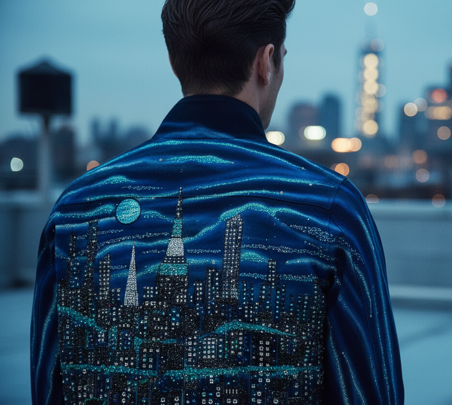 Person wearing a Loria NYC Art blue jacket with a cityscape design, standing on a rooftop at night.