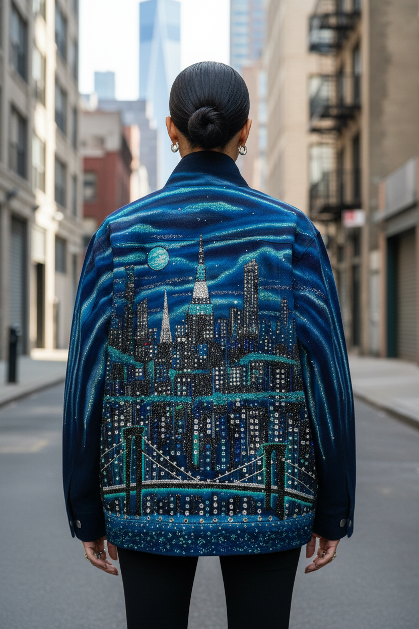 Person wearing a jacket with a Loria NYC Art cityscape design walking down a city street.
