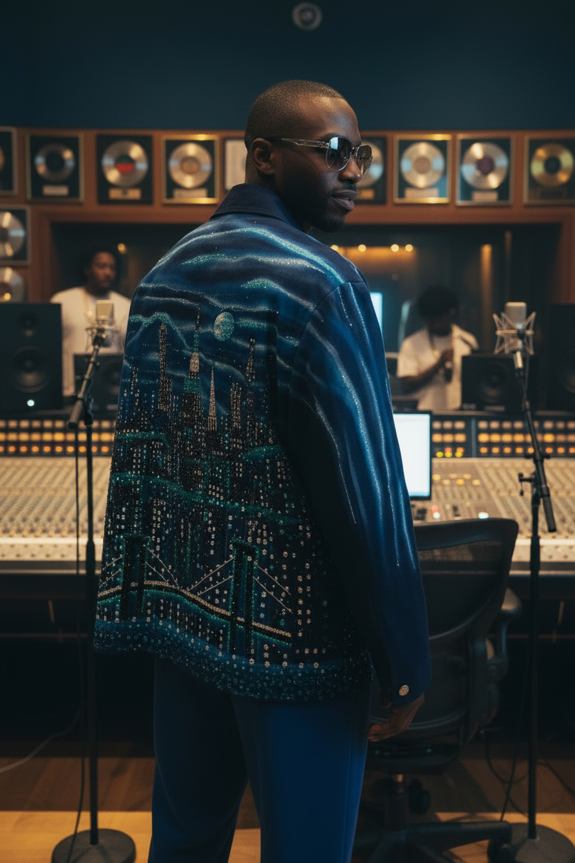 Blue denim Jacket with a cityscape Loria NYC Art design on a black surface