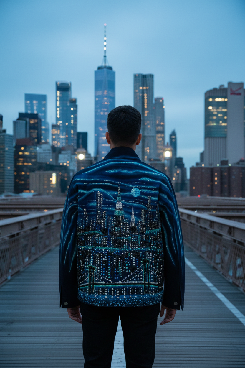 Person wearing a jacket with a Loria NYC Art cityscape design standing on a bridge at dusk with a city skyline in the background.