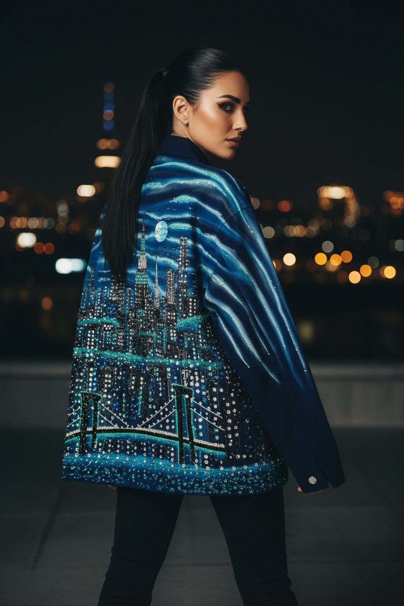 A woman wearing a dark blue embellished jacket with a Loria NYC Art city skyline and bridge design, photographed at night with a blurred cityscape background.