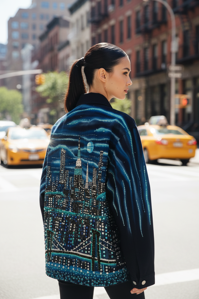 Woman wearing a decorative coat with Loria NYC Art cityscape pattern on a city street.