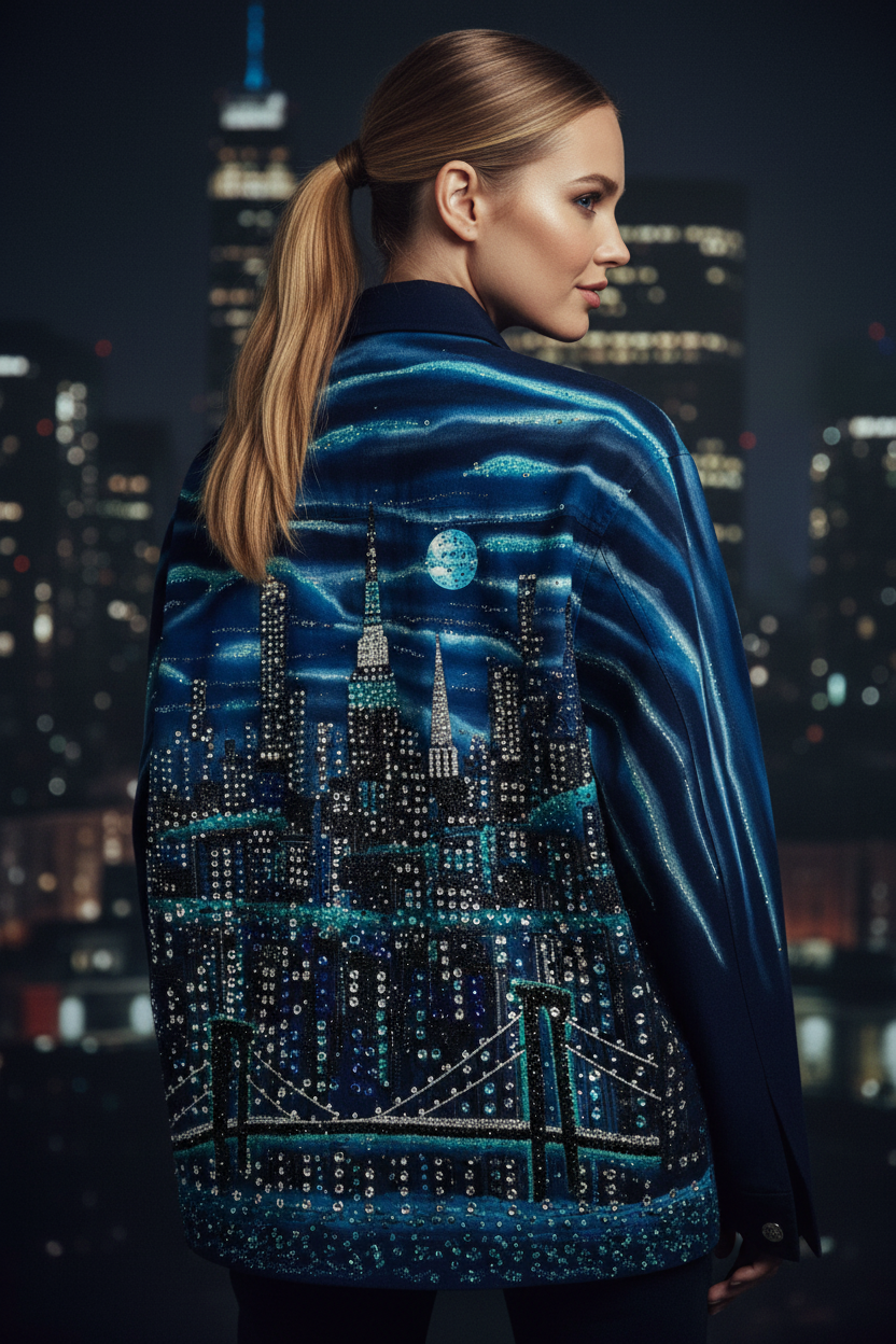 A woman shown from the back wearing a dark navy blue jacket decorated with a detailed city skyline Loria NYC Art design in blue, black, and white, set against a blurred nighttime cityscape background.