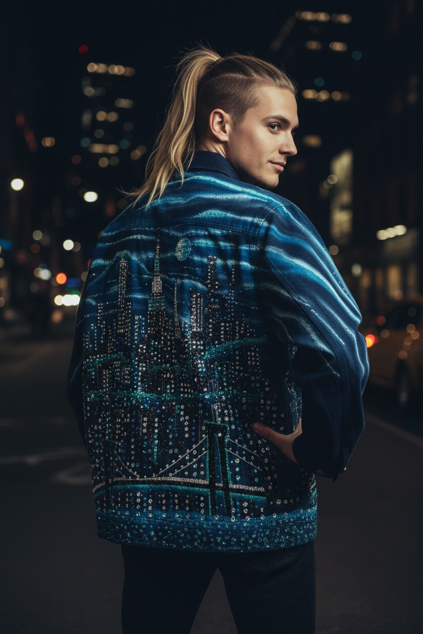 A man wearing a blue denim jacket with a detailed Loria NYC Art skyline on the back, photographed from behind on a city street at night.