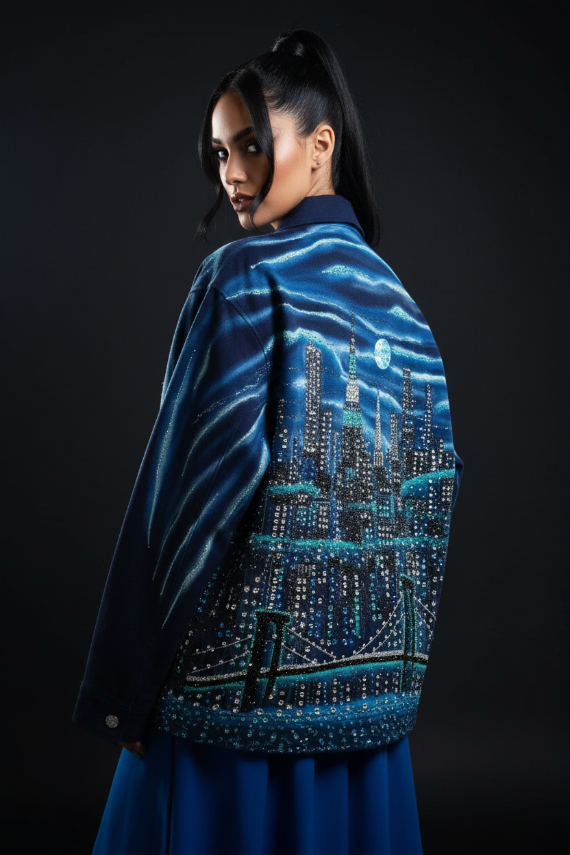 A model shown from the back wearing a dark navy blue jacket decorated with a detailed city skyline Loria NYC Art design in blue, black, and white, paired with a blue skirt against a dark studio background.