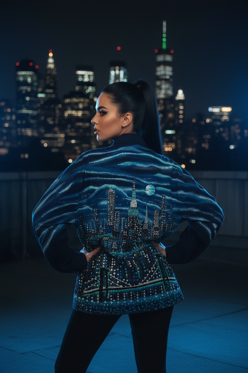 A woman stands on a rooftop at night wearing a dark blue embellished jacket with a Loria NYC Art skyline design. The background shows a blurred illuminated city skyline.