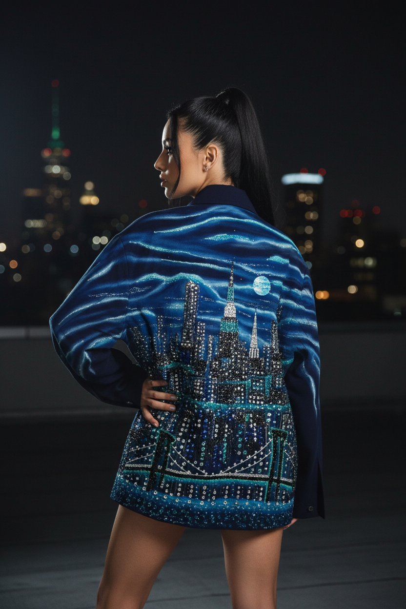 A woman stands on a rooftop at night wearing a short blue jacket with a large city skyline Loria NYC Art design covered in rhinestones on the back. The background shows blurred city lights.