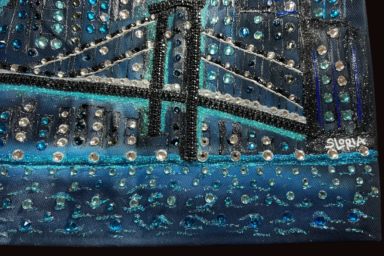 Decorative clutch with rhinestone embellishments and a brand name Loria NYC Art on a black background