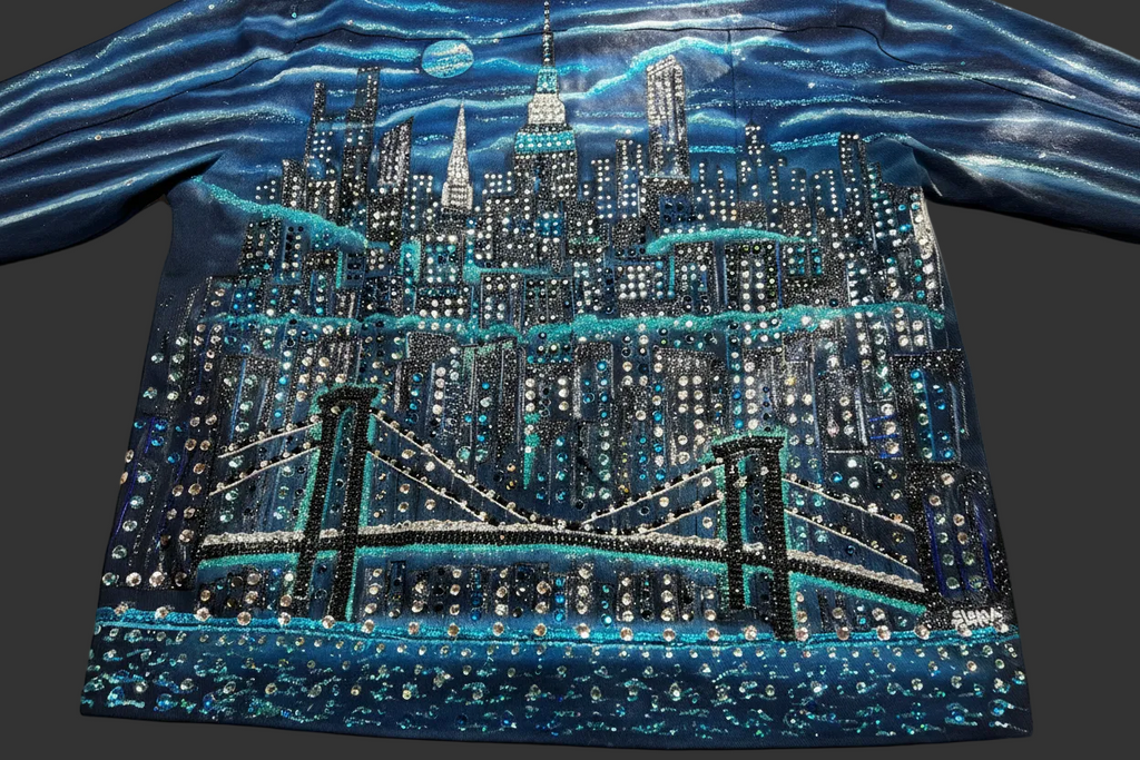 Long-sleeve shirt with a cityscape Loria NYC Art design featuring a bridge and skyline.