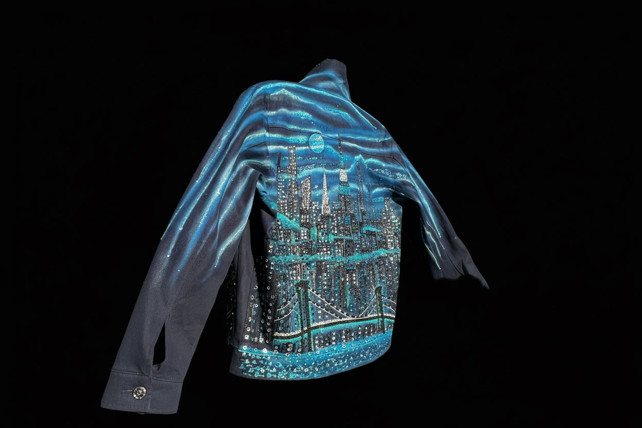 Shiny jacket with a cityscape Loria NYC Art design held up against a black background