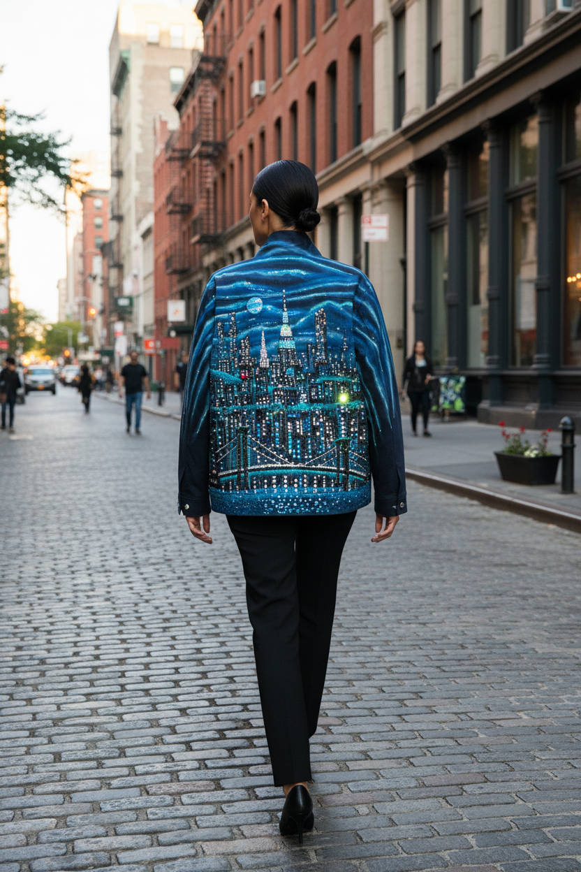 Person wearing a blue jacket with cityscape Loria NYC Art design walking on a city street.