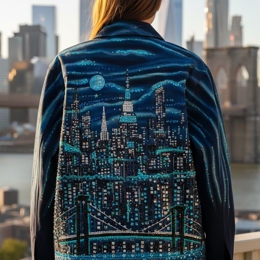 Person wearing a blue Loria NYC Art jacket with a cityscape design, standing in front of a bridge and water.