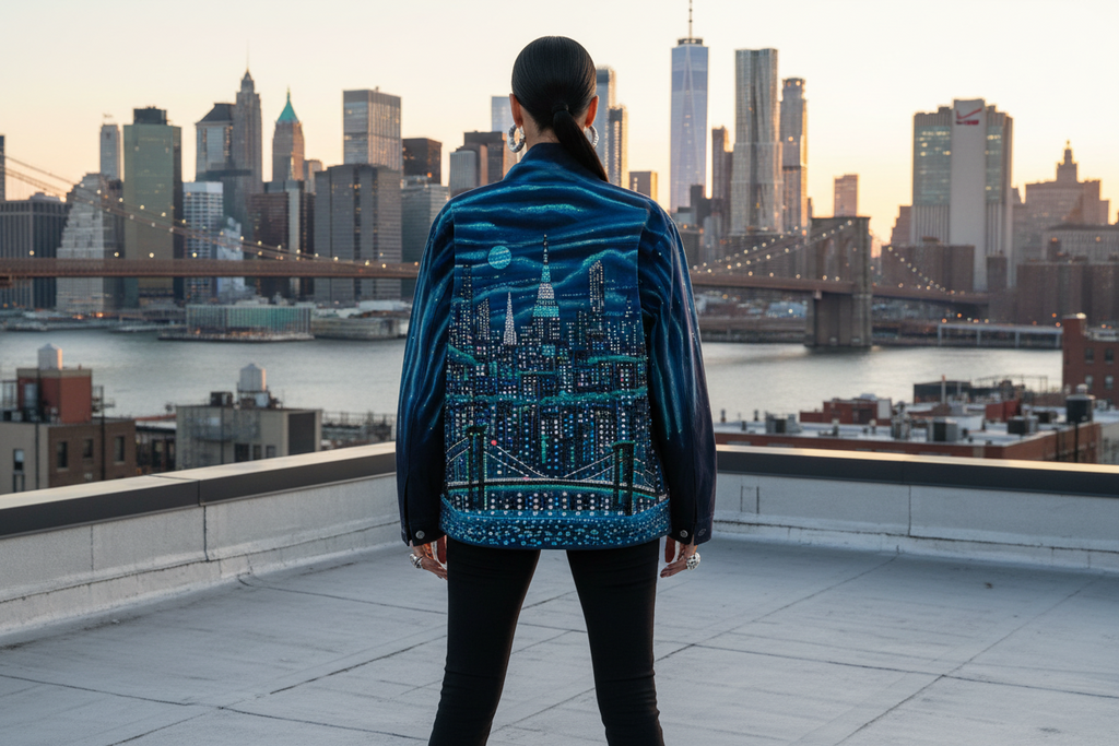 Person wearing a blue Loria NYC Art jacket with a city skyline in the background