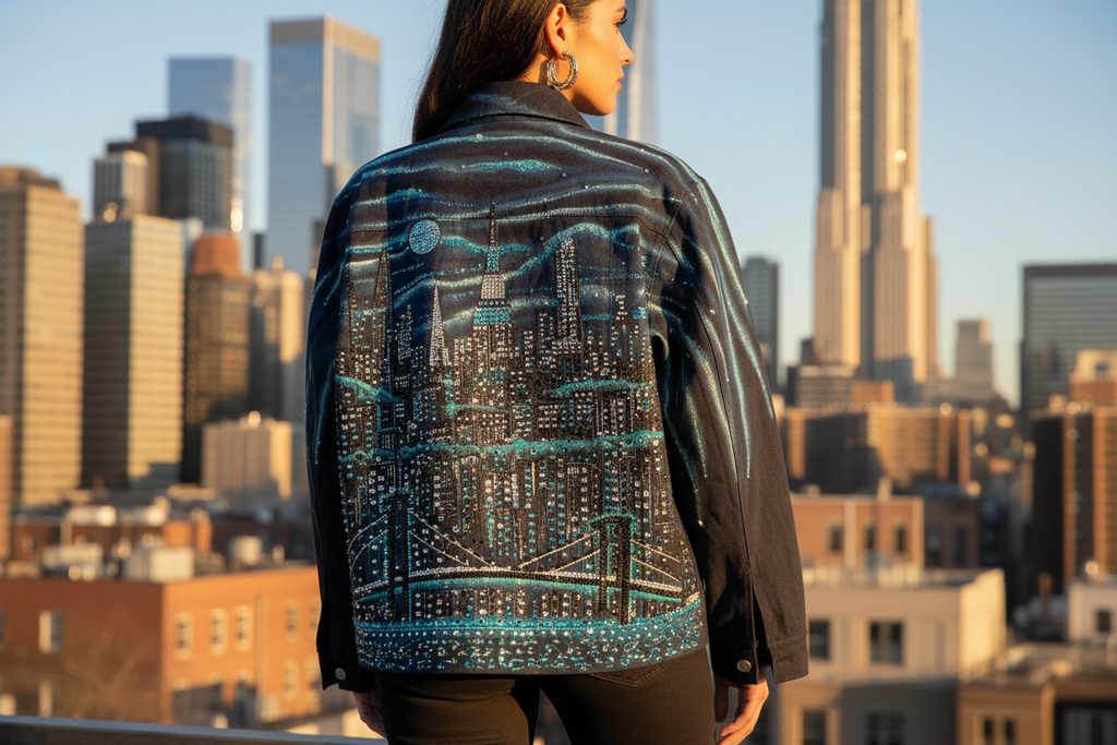 Person wearing a jacket with a Loria NYC Art cityscape design in an urban setting