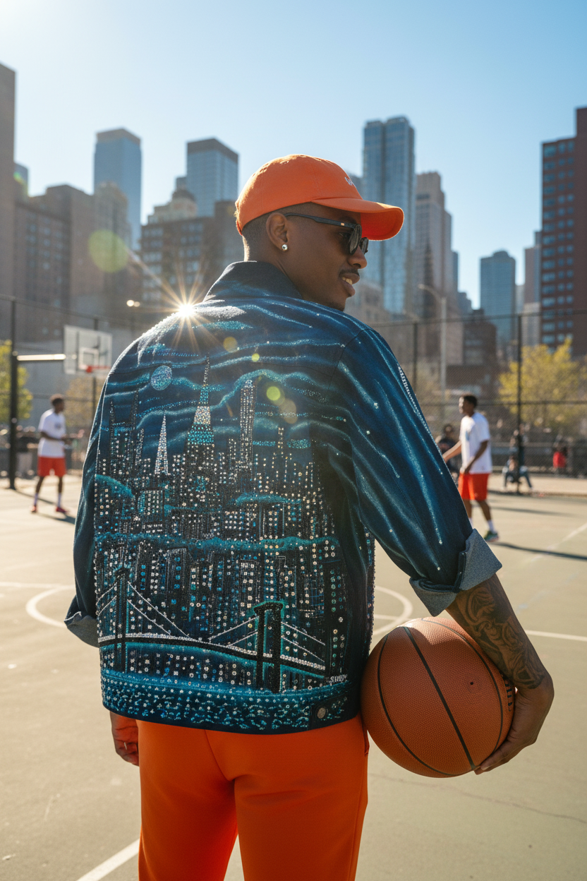 Person standing on a basketball court wearing a Loria NYC Art blue jacket.