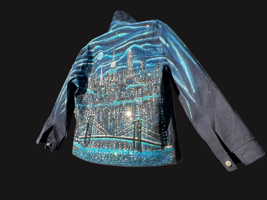 Denim jacket with a cityscape Loria NYC Art design on a black background