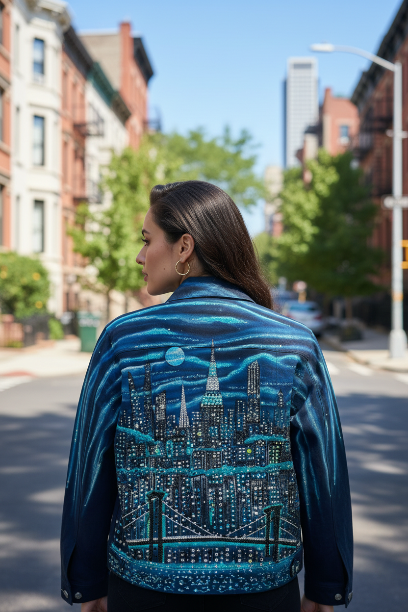 Jacket with a cityscape design on the back, standing outdoors.