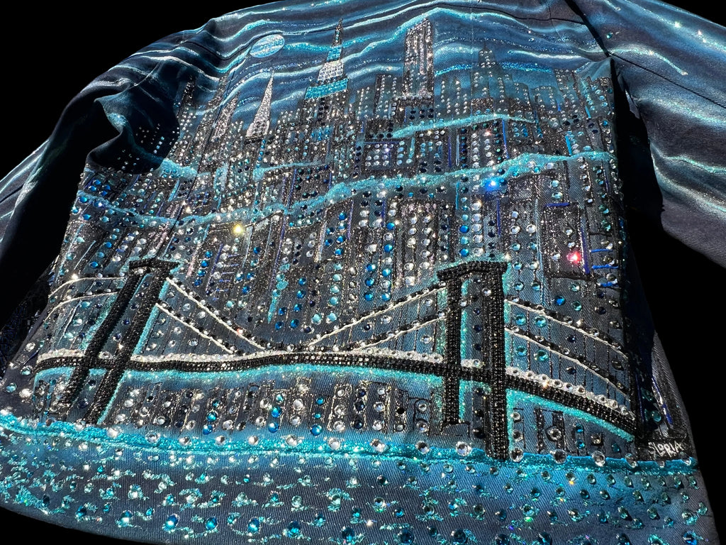 Jacket with a cityscape Loria NYC Art design featuring the Brooklyn Bridge made of rhinestones.