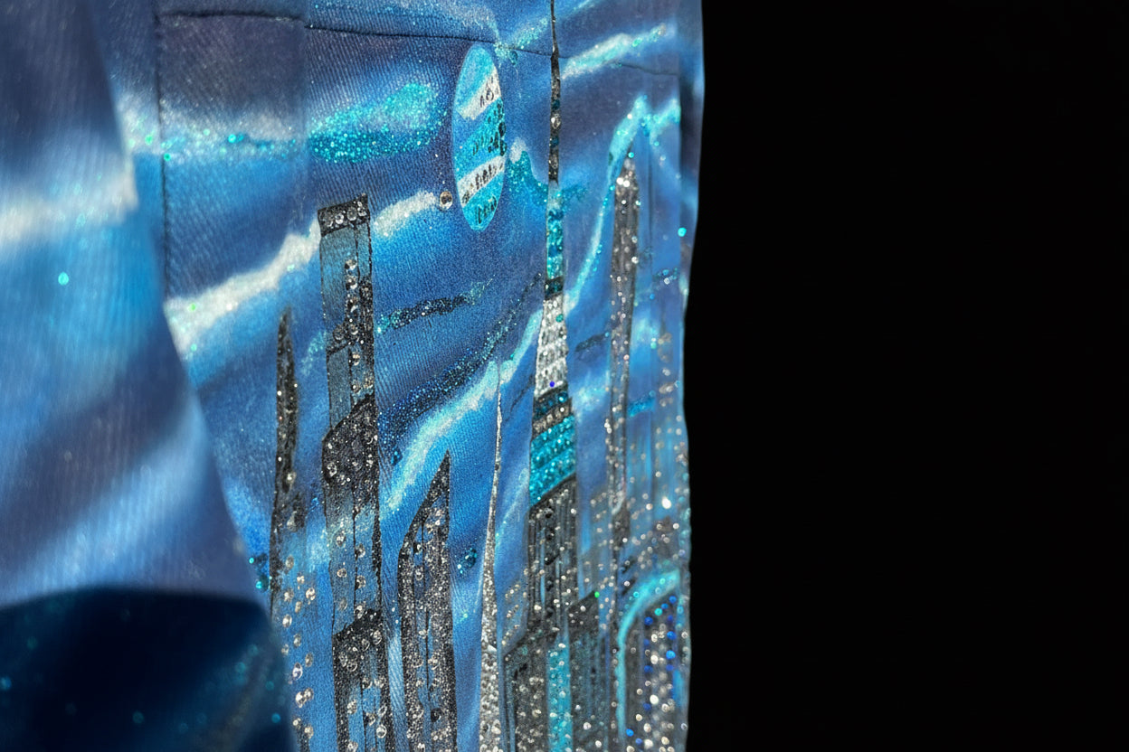 Blue fabric with cityscape Loria NYC Art design and rhinestones