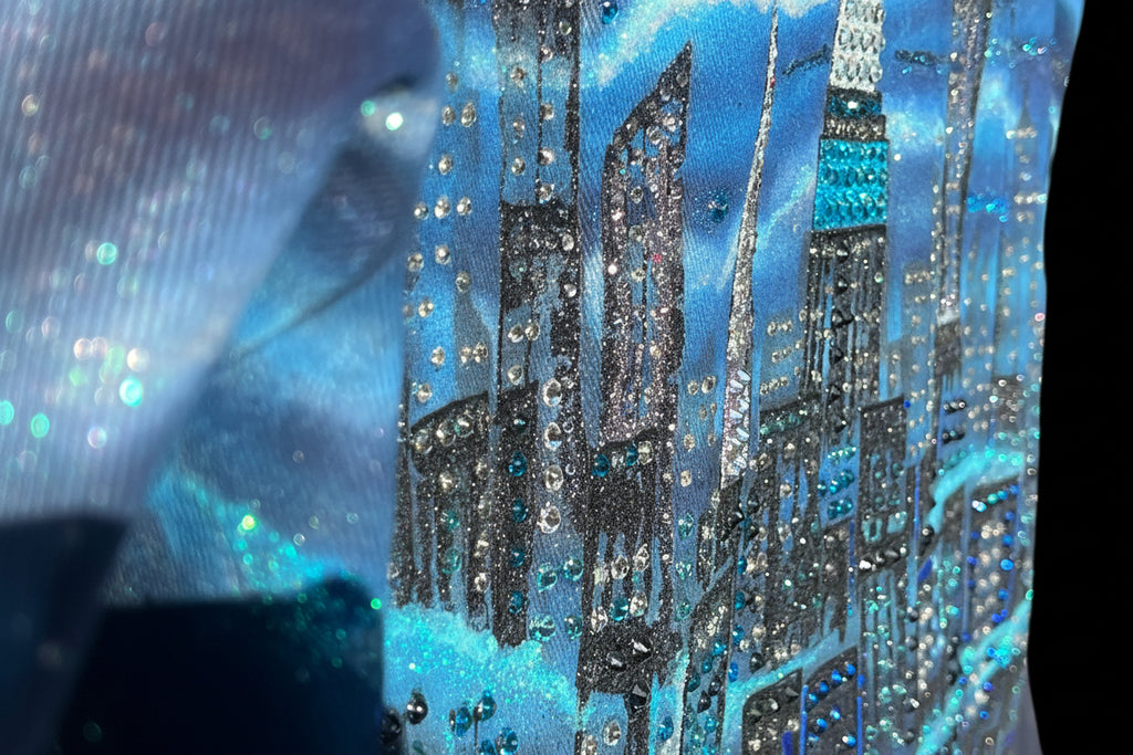 Decorative Loria NYC Art with cityscape design and blue and silver colors