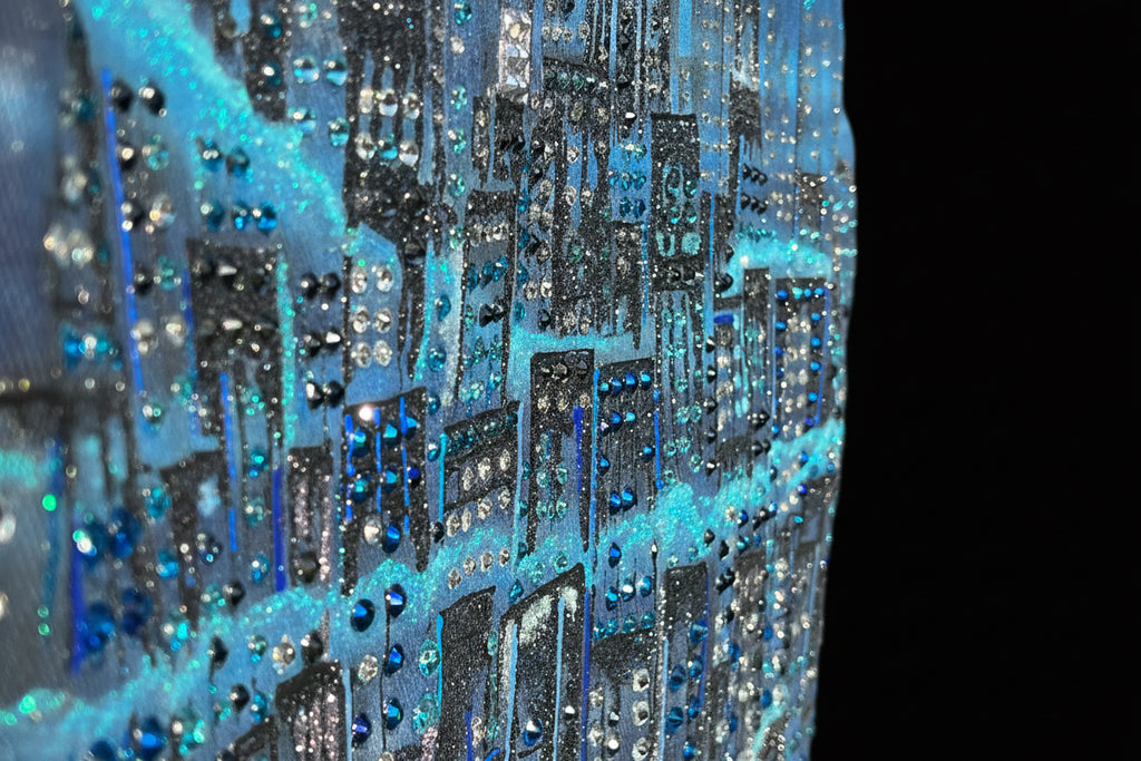 Close-up of a blue and silver sequined fabric with a Loria NYC Art cityscape pattern.