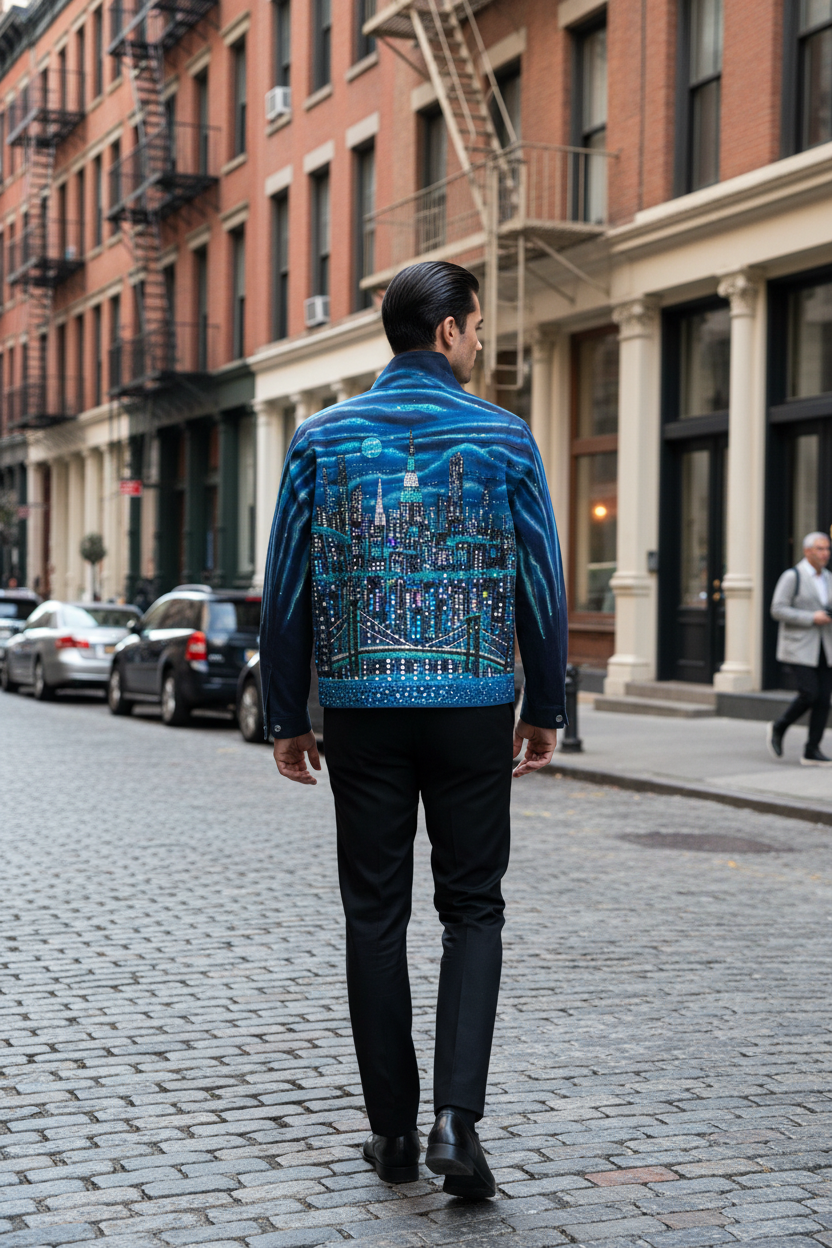 Man wearing a blue jacket with a cityscape Loria NYC Art design walking down a street.