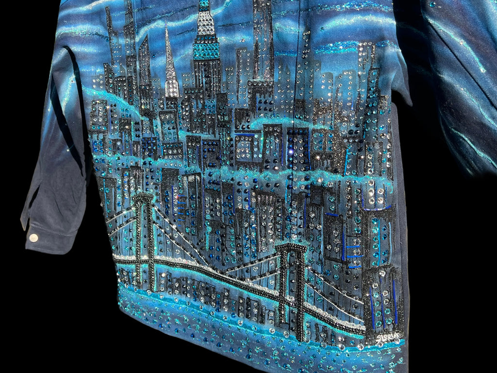 Jacket with a cityscape Loria NYC Art design featuring a bridge and skyline.