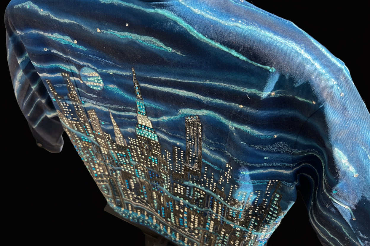 Blue fabric with a Loria NYC Art cityscape design on a textured surface