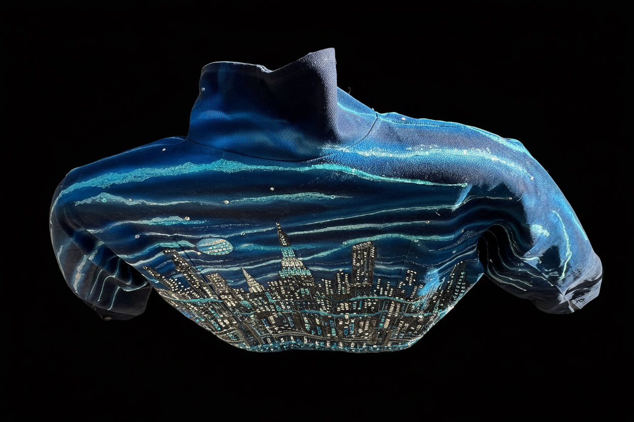 Loria NYC Art design on a blue denim jacket with a black background 