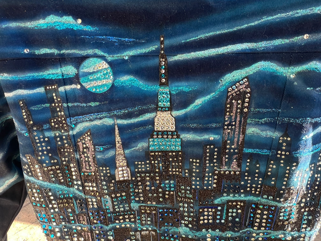 Painted Loria NYC Art cityscape with tall buildings and a moon on a blue background