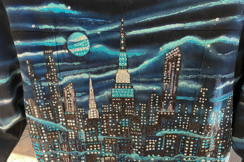 Loria NYC Art cityscape with illuminated buildings on a dark background