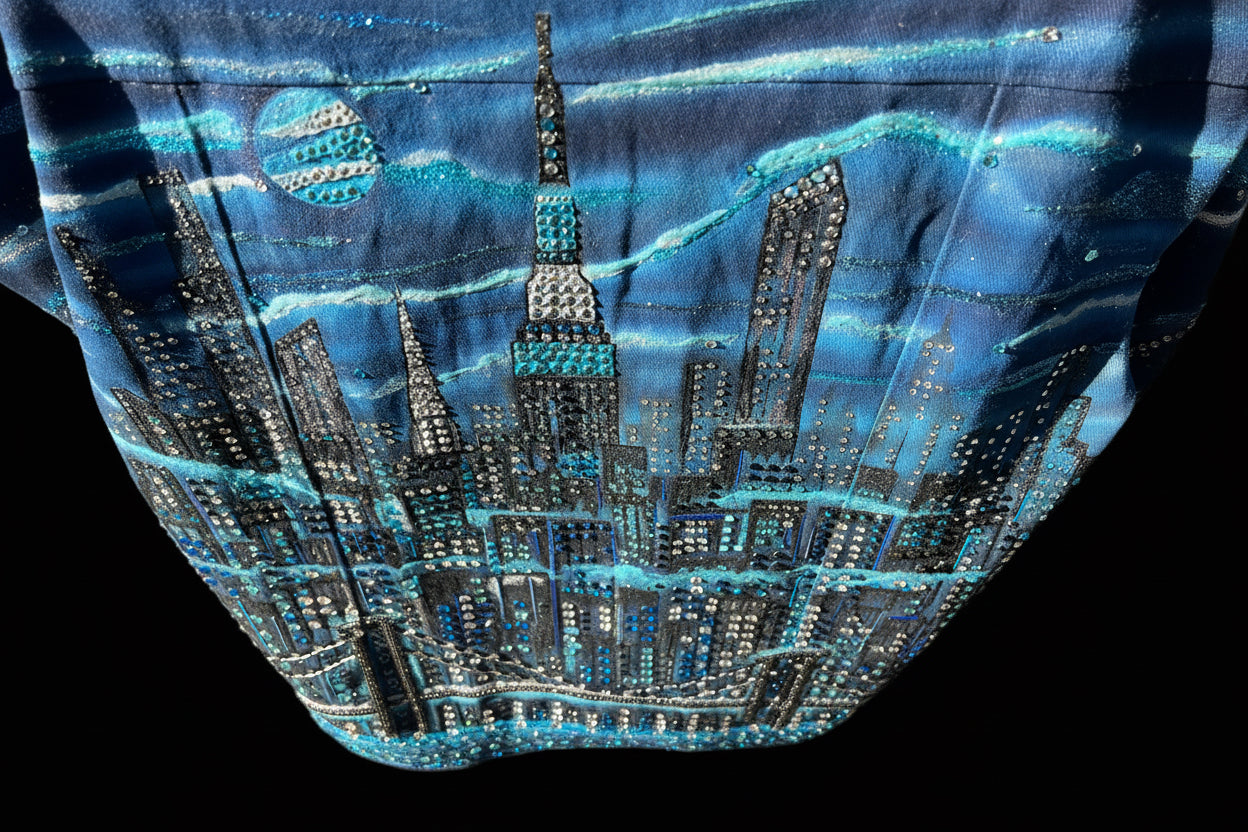 Decorative Loria NYC Art with cityscape design featuring blue and silver embellishments.