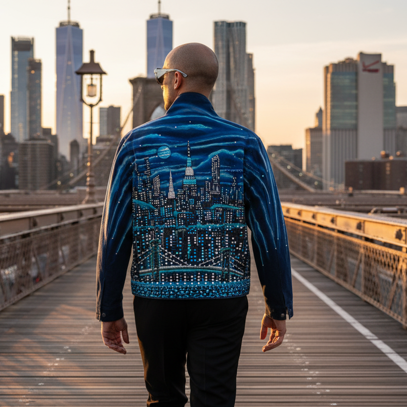 Person wearing a blue jacket with a cityscape Loria NYC Art on a bridge with a city skyline in the background