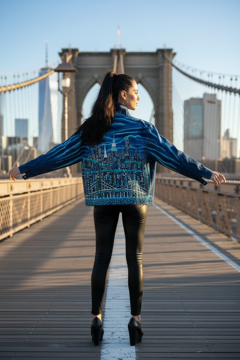 Female posing on the Brooklyn Bridge in a Loria NYC Art blue jacket in an urban setting.