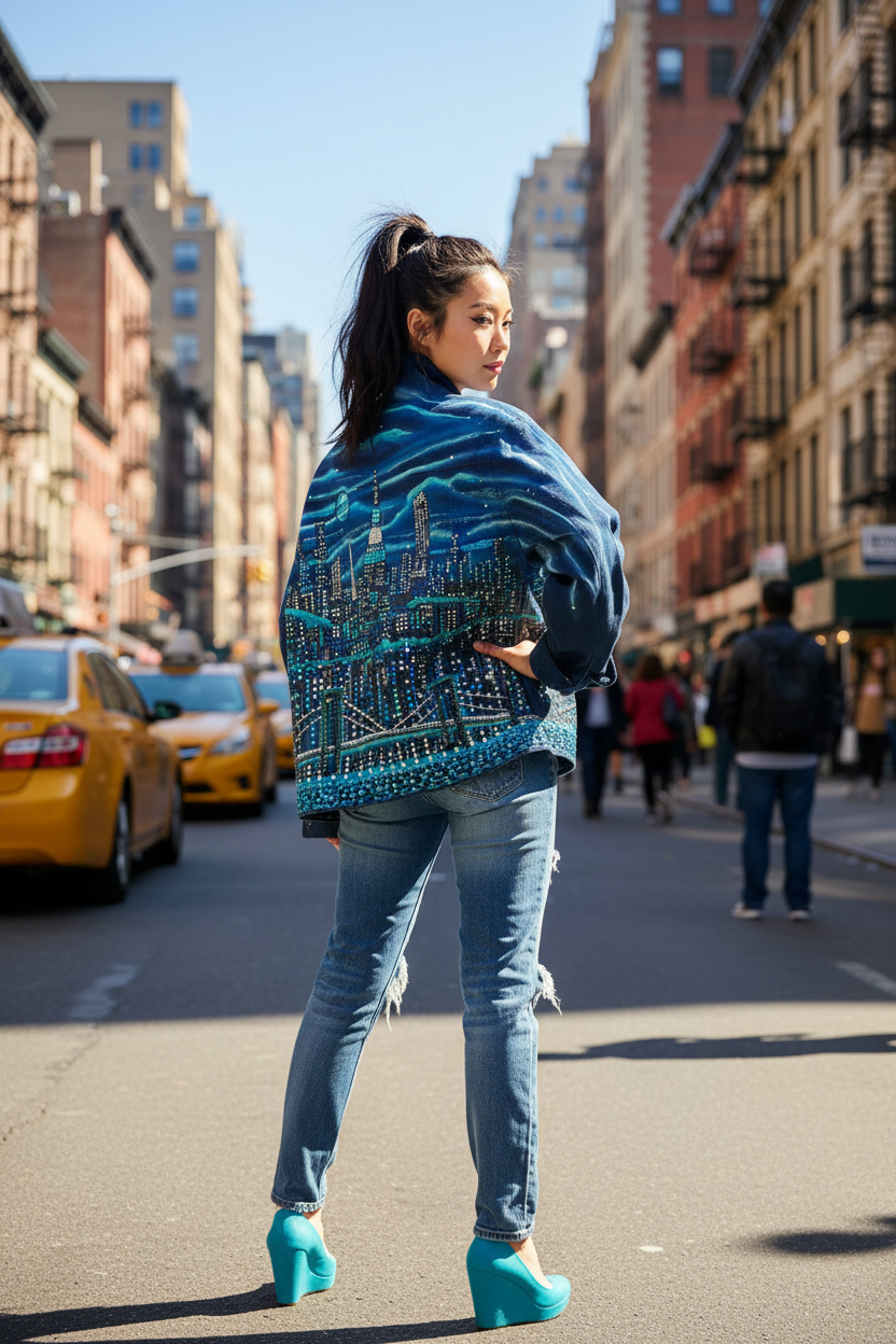 Female posing in an artistic cityscape Loria NYC Art blue jacket on a street in an urban setting