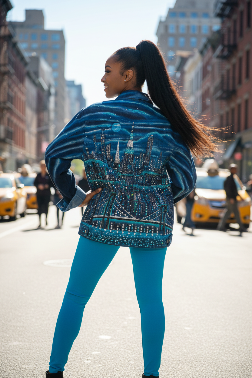 Person posing in an artistic cityscape Loria NYC Art blue jacket and leggings on a street in an urban setting