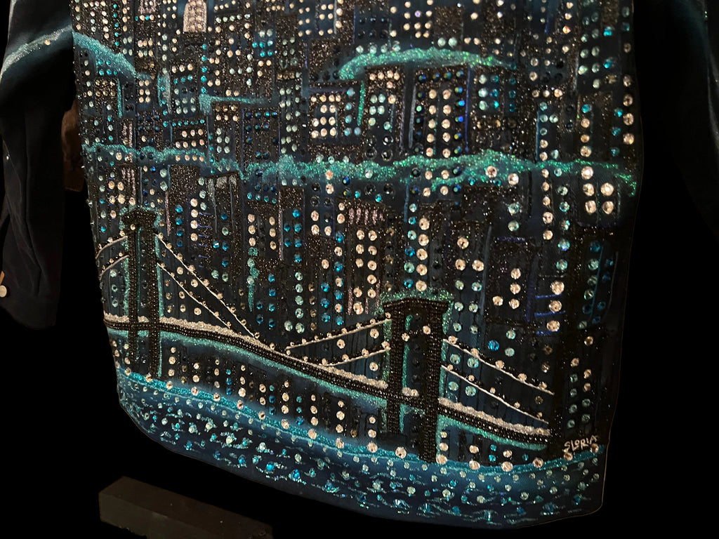 Decorative fabric with cityscape Loria NYC Art design on a stand