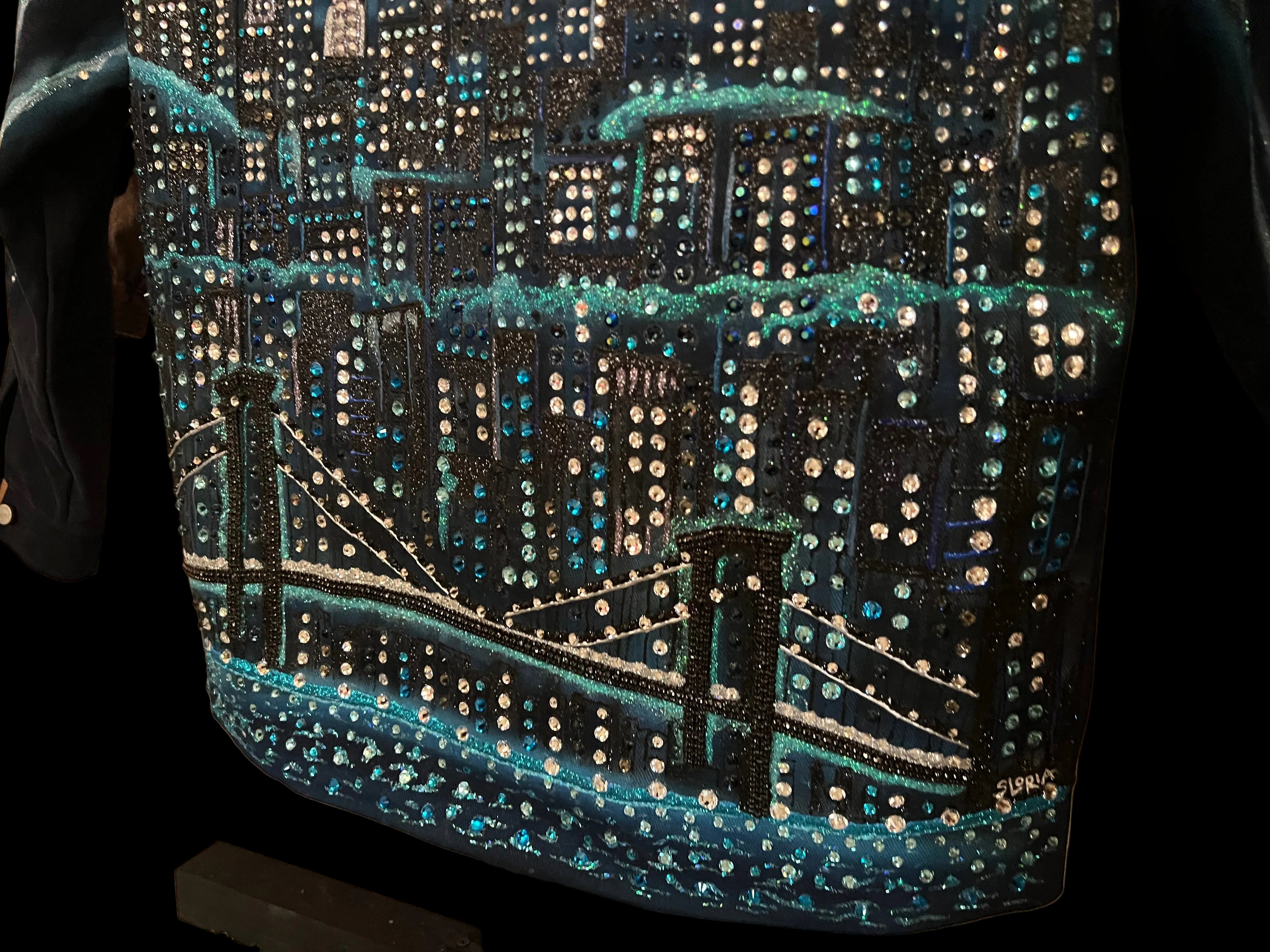Decorative fabric with cityscape Loria NYC Art design on a stand