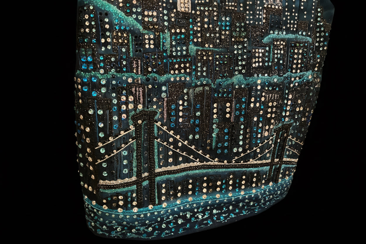 Decorative jacket with Loria NYC Art cityscape design on a mannequin