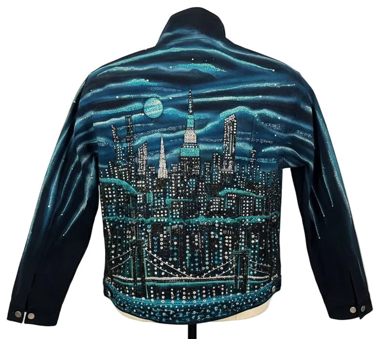 Jacket with a cityscape Loria NYC Art design on a mannequin in a room setting.