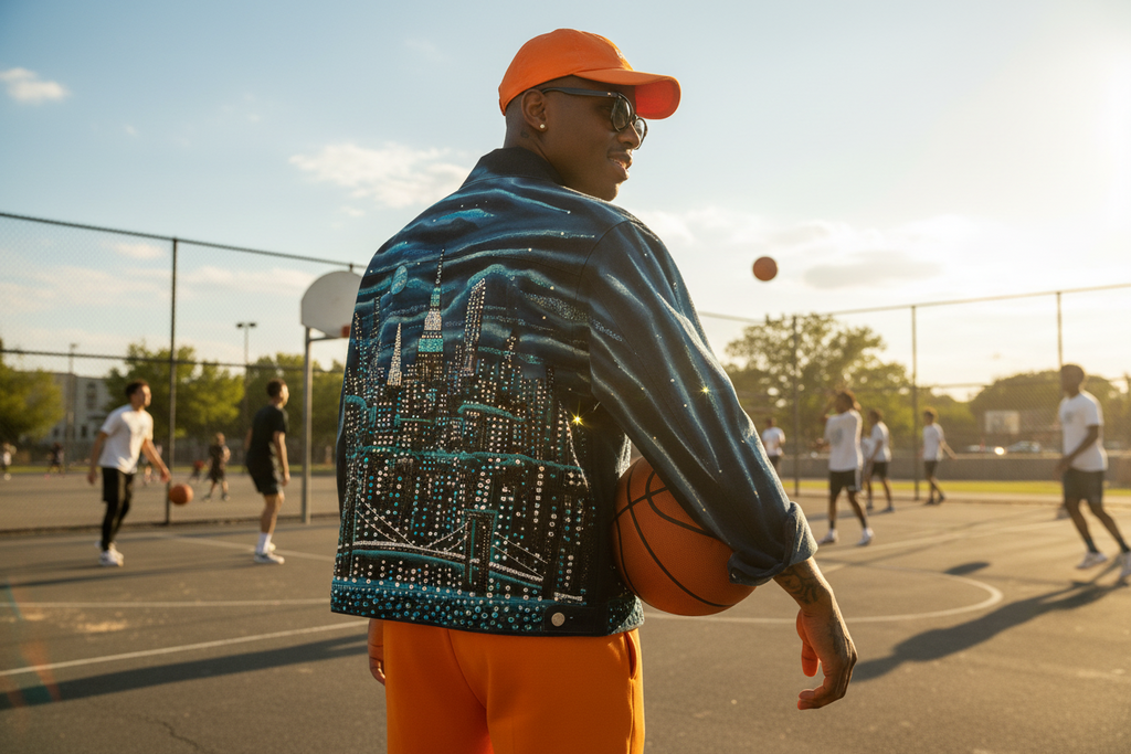 Man on an urban basketball court wearing a Loria NYC Art blue jacket.