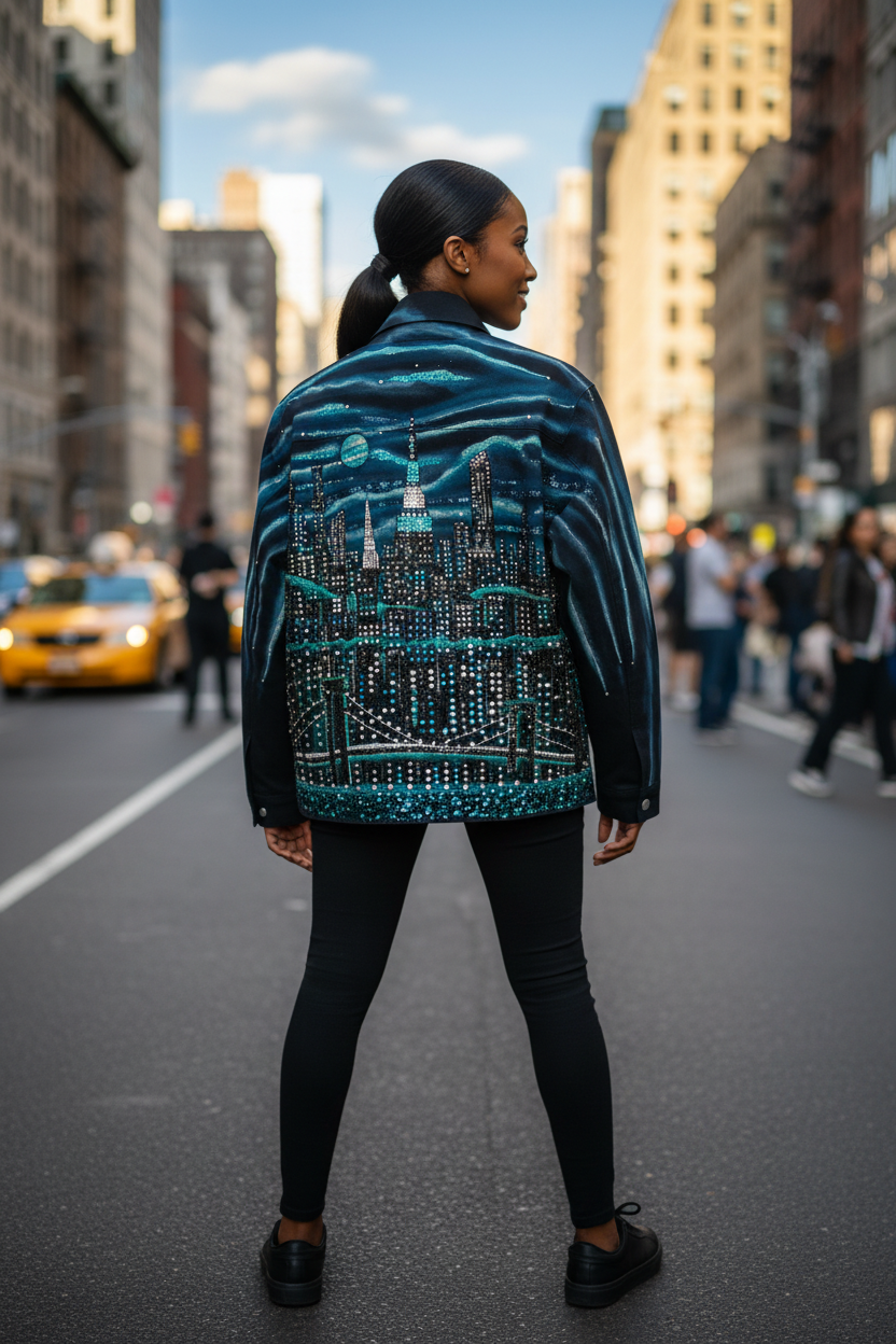 Person wearing a Loria NYC Art  jacket standing on a city street with tall buildings and a taxi in the background.